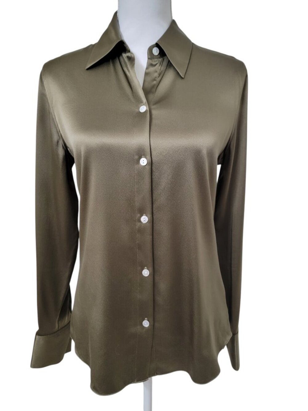 Theory Size M Olive Green Silk Classic Button Down Long Sleeve Blouse